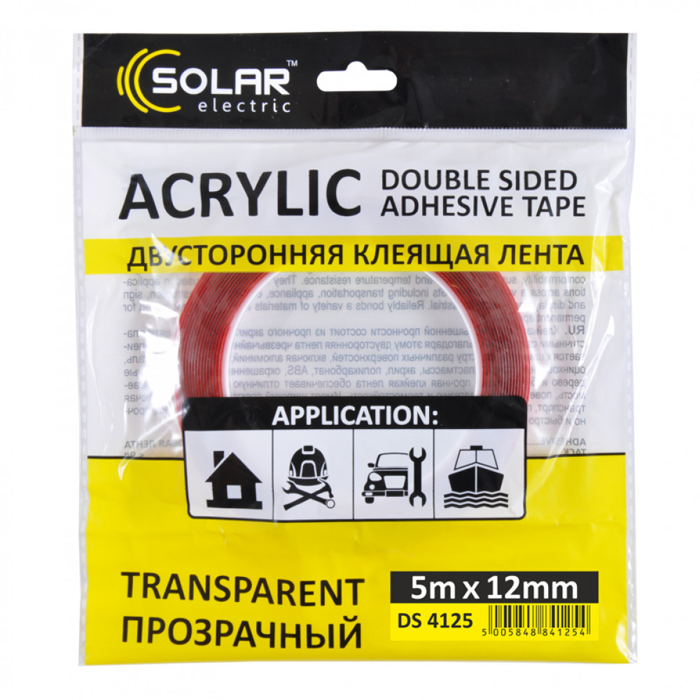 SOLAR  Стрічка клеюча двостороння, ACRYLIC (VHB), прозора, 12ммx5м
