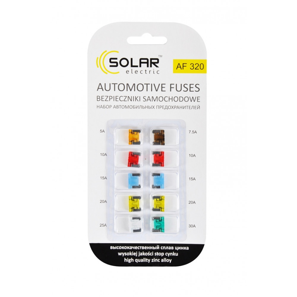 SOLAR  Набір запобіжників _Mini Low Profile_, цинковий сплав (5А,7,5А,10А,15А,20А,25А,30А),10шт.,