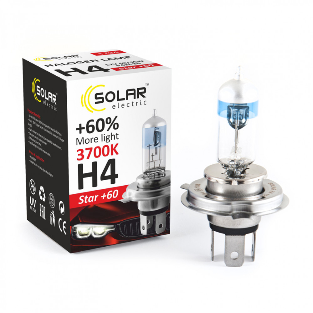 SOLAR Автолампа H4 12V 60/55W P43t-38 Starlight + 60% (200 шт.)