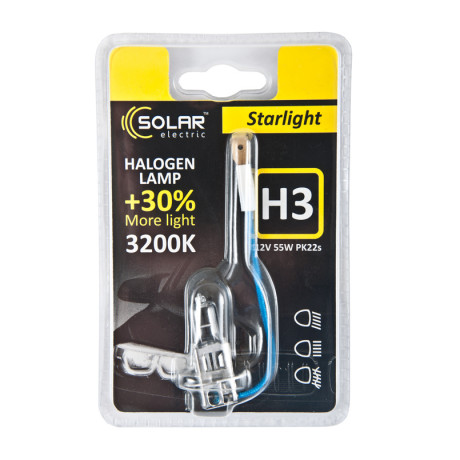 SOLAR Автолампа H3 12V 55W PK22s Starlight + 30%, blister (10/100шт.)