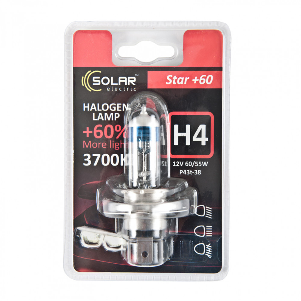 SOLAR Автолампа H4 12V 60/55W P43t-38 Starlight + 60%, blister (10/100шт.)