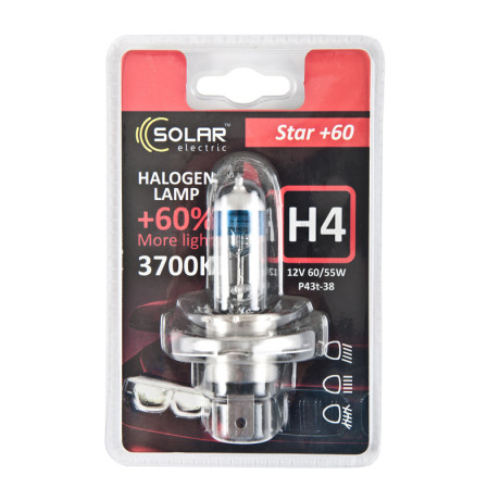 SOLAR Автолампа H4 12V 60/55W P43t-38 Starlight + 60%, blister (10/100шт.)
