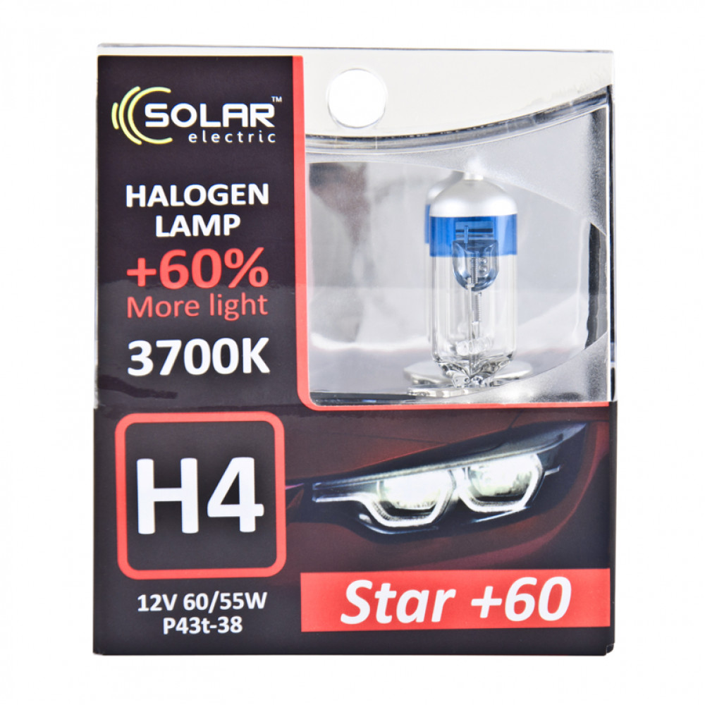 SOLAR Автолампа H4 12V 60/55W P43t-38 Starlight + 60%, SET (10/100шт.)