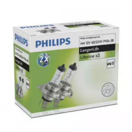 Лампа накаливания H4 12V 60/55W P43t-38  LongerLife 2 x lifetime (2шт.) (пр-во Philips)