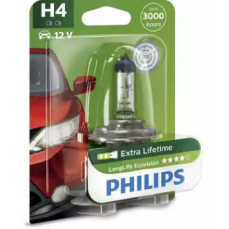 Лампа накаливания H4 12V 60/55W  P43t-38 LongerLife Ecovision 1шт blister (пр-во Philips)