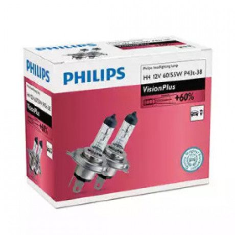 Лампа накаливания H4 VisionPlus (+60) 12V 60/55W P43t-38 2шт (пр-во Philips)